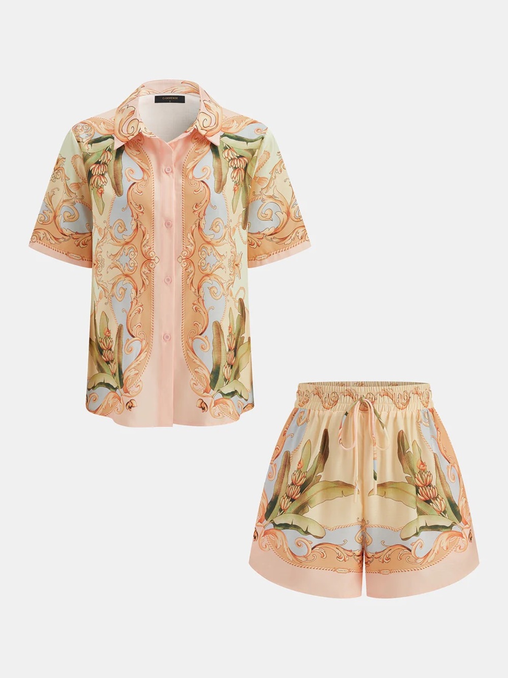 Commense Leaf Print Linen Blend Shirt & Drawstring Shorts Set - Picture 2 of 15